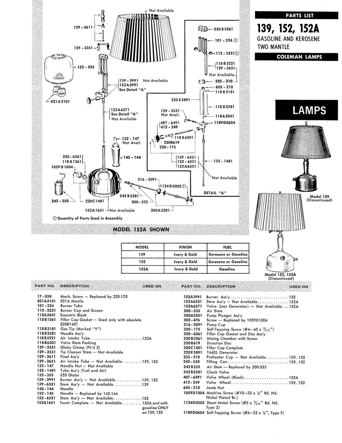 Coleman Lantern Seal Reference Chart & Parts Diagrams