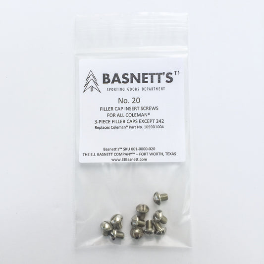 Basnett's No. 20 Filler Cap Insert Screws for Coleman Lanterns with Three Piece Fuel Caps. Perfect for replacing old Coleman parts. 