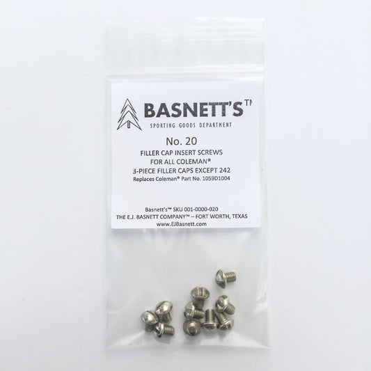 Basnett's No. 20 Filler Cap Insert Screws for Coleman Lanterns with Three Piece Fuel Caps. Perfect for replacing old Coleman parts.